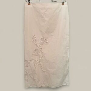 Venroy Cotton Maxi Skirt in White Sz L Floral Embroidered Side Slit Semi Sheer
